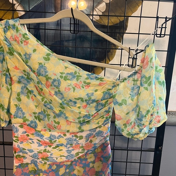 AMUR Pastel Floral Midi Dress. Jayla patchwork floral silk asymmetrical lined - Picture 10 of 13